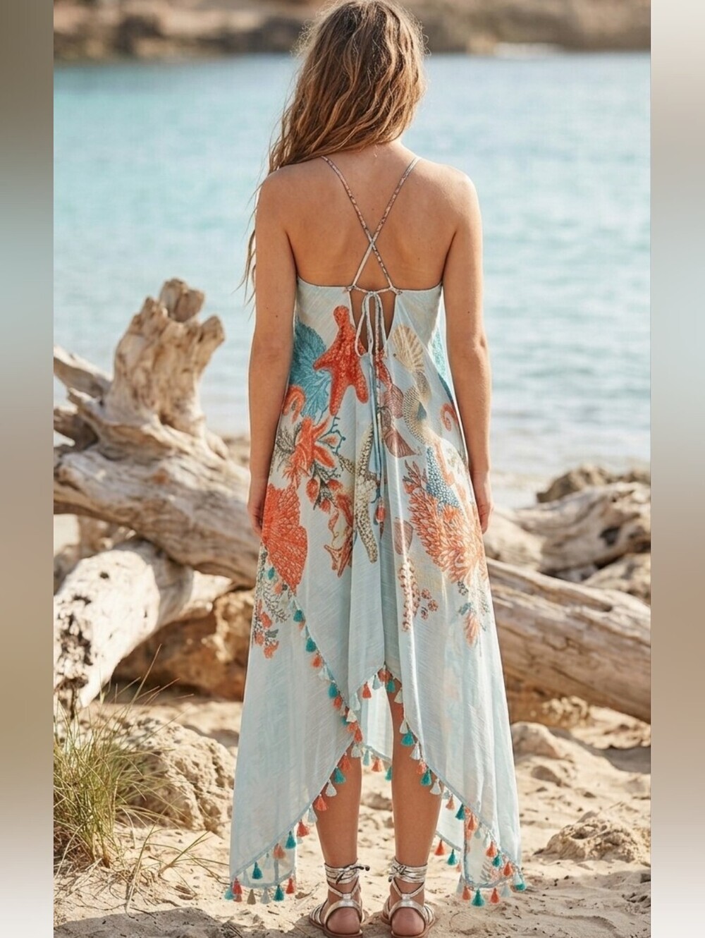 Aratta Silent Journey Stories Of Marine Sea Horse Star Fish Coral Tassel Dress